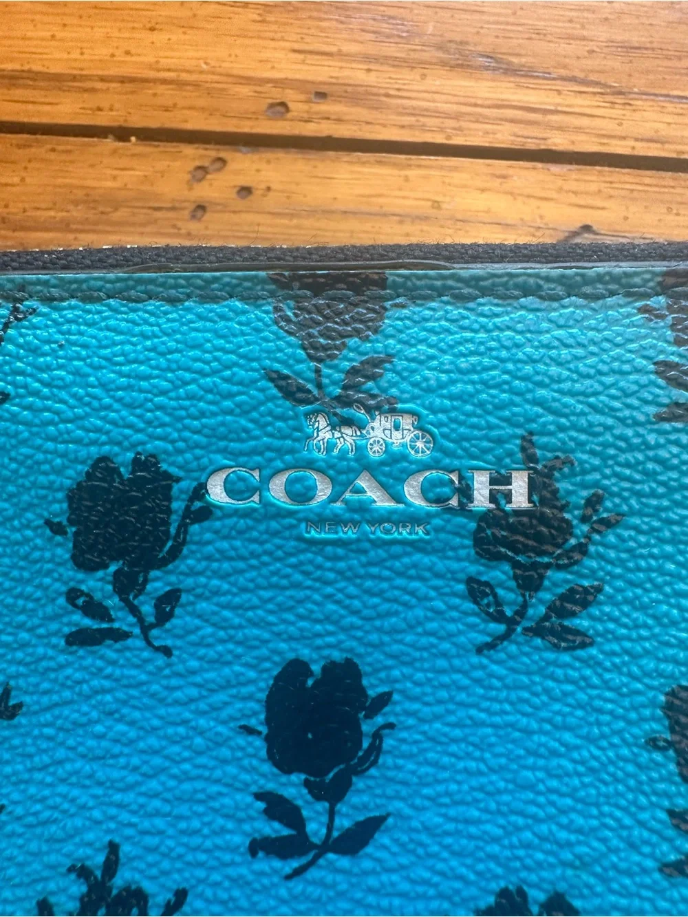 Coach F56716 Flower Slim Accordion Zip Around Wallet Turquoise & Black
